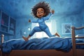 an afro-american girl jumping from the bed with joy. minimalist flat cartoon