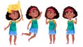 Afro American Girl Set Vector. Black. Education. Casual Clothes, Friend. For Advertisement, Greeting, Announcement