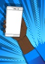 Afro American hand holding white cellphone with white screen.