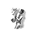 Afro American Jazz saxophonist. Man playing a musical instrument. Hand drawn logo or badge. Sketch. Doodle vector Royalty Free Stock Photo
