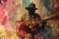 Afro-American male blues jazz guitarist musician playing an acoustic guitar in an abstract music style painting
