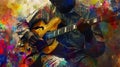 Afro-American male blues jazz guitarist musician playing an electric guitar in an abstract music style painting