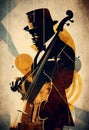 Afro-American male double bass musician playing music in an abstract vintage distressed style painting