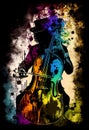 Afro-American male double bass musician playing music in an abstract vintage distressed style painting