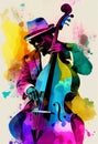 Afro-American male double bass musician playing music in an abstract vintage style painting