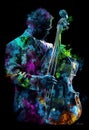 Afro-American male double bass musician playing music in an abstract vintage style painting