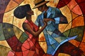 Afro- American male and female couple dancing the ballroom Calypso dance shown in an abstract cubist style watercolour oil