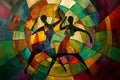 Afro- American male and female couple dancing the ballroom Calypso dance shown in an abstract cubist style watercolour oil