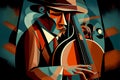 Afro-American male jazz musician bassist playing a double bass in an abstract cubist style painting