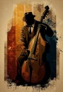 Afro-American male jazz musician bassist playing a double bass in an abstract geometric style painting