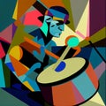 Afro-American male jazz musician drummer playing drums in an abstract geometric cubist style painting Royalty Free Stock Photo