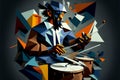 Afro-American male jazz musician drummer playing drums in an abstract geometric cubist style painting Royalty Free Stock Photo