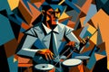 Afro-American male jazz musician drummer playing drums in an abstract geometric cubist style painting Royalty Free Stock Photo