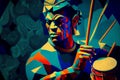 Afro-American male jazz musician drummer playing drums in an abstract geometric cubist style painting Royalty Free Stock Photo