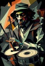 Afro-American male jazz musician drummer playing drums in an abstract geometric cubist style painting