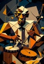 Afro-American male jazz musician drummer playing drums in an abstract geometric cubist style painting Royalty Free Stock Photo