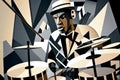 Afro-American male jazz musician drummer playing drums in an abstract geometric cubist style painting Royalty Free Stock Photo