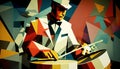 Afro-American male jazz musician drummer playing drums in an abstract geometric cubist style painting