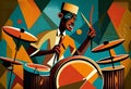 Afro-American male jazz musician drummer playing drums in an abstract geometric cubist style painting