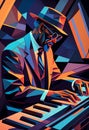 Afro-American male jazz musician pianist playing a piano in an abstract cubist style painting Royalty Free Stock Photo