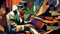 Afro-American male jazz musician pianist playing a piano in an abstract cubist style painting Royalty Free Stock Photo