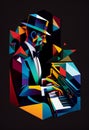 Afro-American male jazz musician pianist playing a piano in an abstract cubist style painting Royalty Free Stock Photo