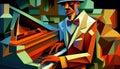 Afro-American male jazz musician pianist playing a piano in an abstract cubist style painting Royalty Free Stock Photo