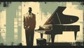 Afro-American male jazz musician pianist playing a piano in a vintage abstract distressed geometric style painting Royalty Free Stock Photo