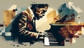 Afro-American male jazz musician pianist playing a piano in a vintage abstract distressed geometric style painting Royalty Free Stock Photo