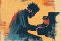 Afro-American male jazz musician pianist playing a piano in a vintage abstract distressed style painting