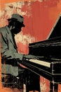 Afro-American male jazz musician pianist playing a piano in a vintage abstract distressed style painting