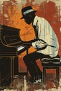 Afro-American male jazz musician pianist playing a piano in a vintage abstract distressed style painting Royalty Free Stock Photo