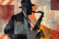 Afro-American male jazz musician saxophonist playing a saxophone in an abstract cubist style painting Royalty Free Stock Photo