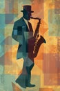 Afro-American male jazz musician saxophonist playing a saxophone in an abstract cubist style painting