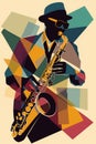 Afro-American male jazz musician saxophonist playing a saxophone in an abstract cubist style painting