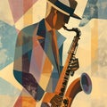 Afro-American male jazz musician saxophonist playing a saxophone in an abstract cubist style painting Royalty Free Stock Photo