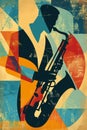 Afro-American male jazz musician saxophonist playing a saxophone in an abstract cubist style painting Royalty Free Stock Photo