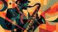 Afro-American male jazz musician saxophonist playing a saxophone in an abstract cubist style painting