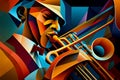 Afro-American male jazz musician trombonist playing a brass trombone in an abstract cubist style painting