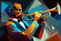 Afro-American male jazz musician trombonist playing a brass trombone in an abstract cubist style painting