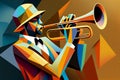 Afro-American male jazz musician trombonist playing a brass trombone in an abstract cubist style painting