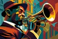 Afro-American male jazz musician trumpeter playing a brass trumpet in an abstract cubist style painting