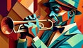 Afro-American male jazz musician trumpeter playing a brass trumpet in an abstract cubist style painting