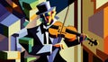 Afro-American male jazz musician violinist playing a violin or viola in an abstract cubist style painting
