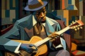 Afro-American male musician guitarist playing a guitar in an abstract cubist style painting Royalty Free Stock Photo