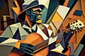 Afro-American male musician guitarist playing a guitar in an abstract cubist style painting