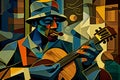 Afro-American male musician guitarist playing a guitar in an abstract cubist style painting