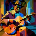 Afro-American male musician guitarist playing a guitar in an abstract cubist style painting Royalty Free Stock Photo