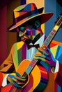 Afro-American male musician guitarist playing a guitar in an abstract cubist style painting Royalty Free Stock Photo