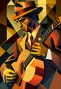 Afro-American male musician guitarist playing a guitar in an abstract cubist style painting Royalty Free Stock Photo